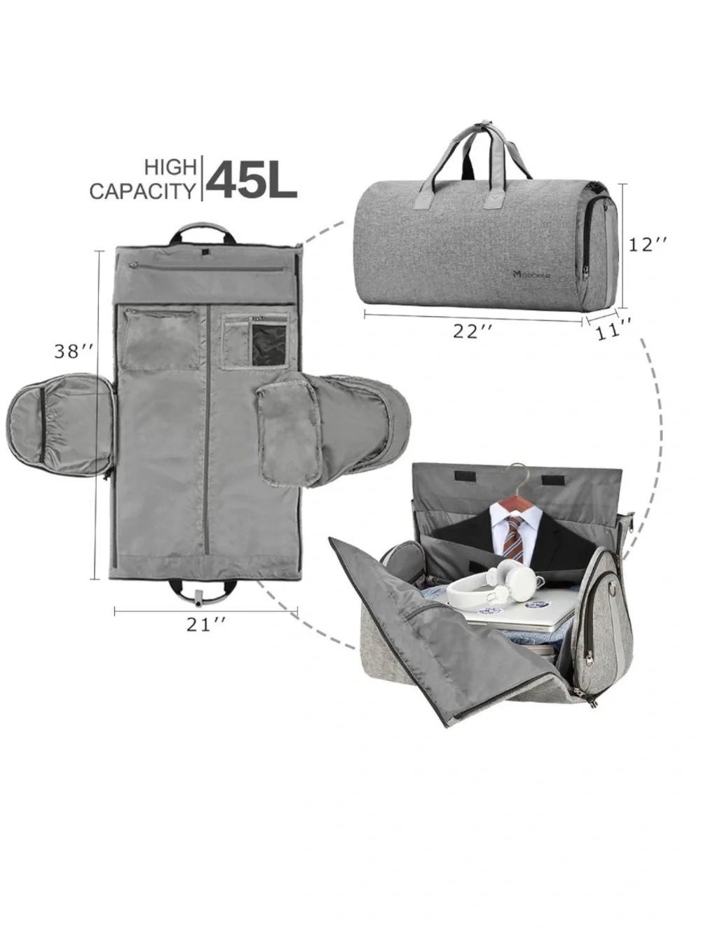 Convertible Garment Carry On Duffle Bag Shoulder Strap Hanging Suit Travel